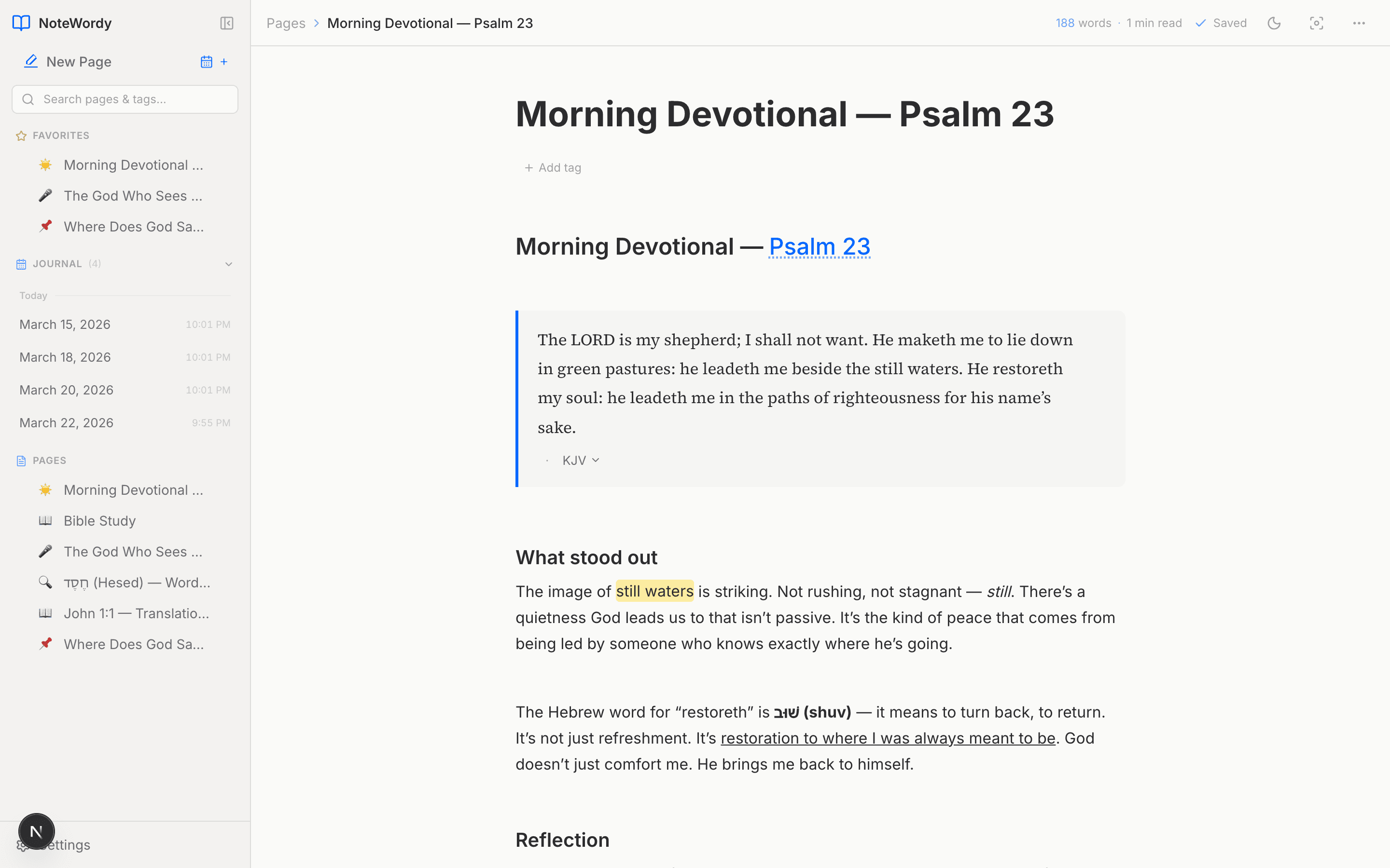 NoteWordy editor — Morning Devotional on Psalm 23